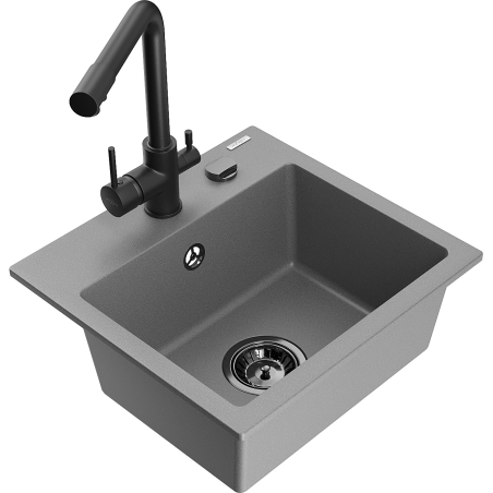 Mexen Milo 1-compartment granite sink with a kitchen mixer tap Duero, Grey - 6505-71-671600-70-B