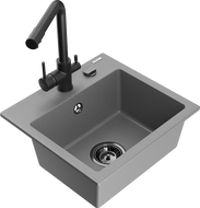 Mexen Milo 1-compartment granite sink with a kitchen mixer tap Duero, Grey - 6505-71-671600-70-B