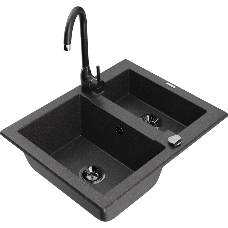 Mexen Carlos 1.5-bowl granite sink with Telma kitchen faucet, black speckled - 6518-76-670200-70-B