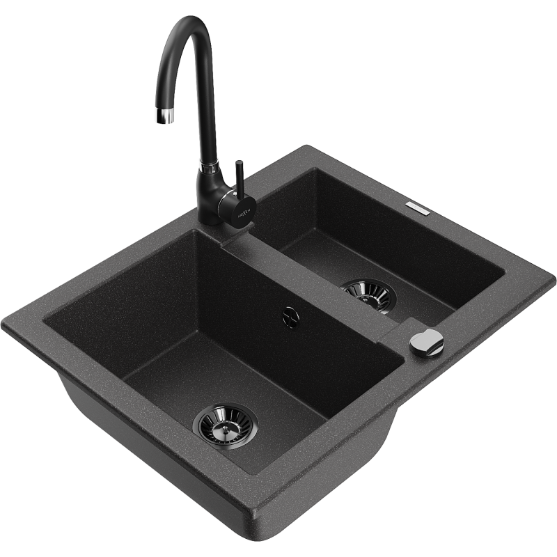 Mexen Carlos 1,5-compartment granite sink with a kitchen mixer tap Telma, spotted black - 6518-76-670200-70-B
