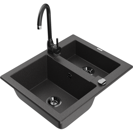 Mexen Carlos 1.5-bowl granite sink with Telma kitchen faucet, speckled black - 6518-76-670200-70-B