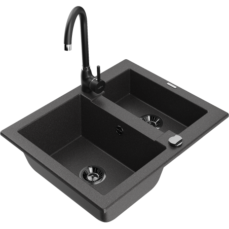 Mexen Carlos 1,5-compartment granite sink with a kitchen mixer tap Telma, spotted black - 6518-76-670200-70-B