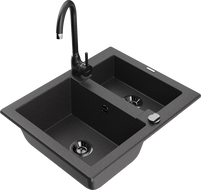 Mexen Carlos granite sink 1.5-bowl with Telma kitchen faucet, speckled black - 6518-76-670200-70-B