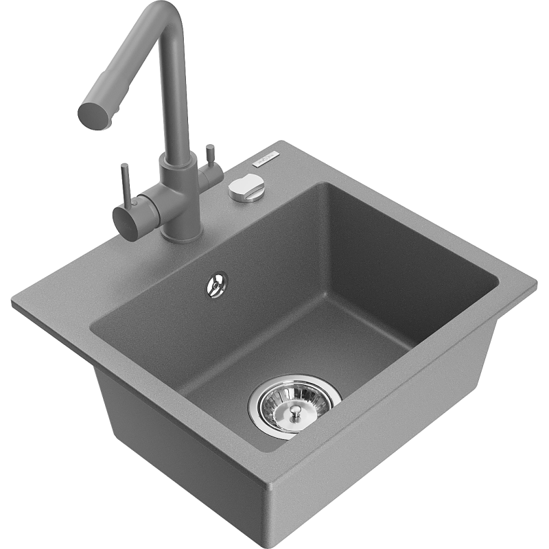 Mexen Milo 1-bowl granite sink with Duero kitchen tap, grey - 6505-71-671600-71