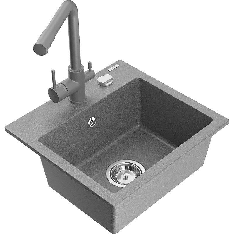 Mexen Milo granite single-bowl sink with Duero kitchen faucet, gray - 6505-71-671600-71
