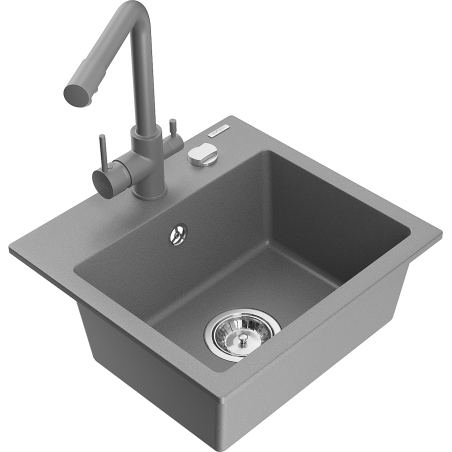 Mexen Milo 1-bowl granite sink with Duero kitchen tap, grey - 6505-71-671600-71