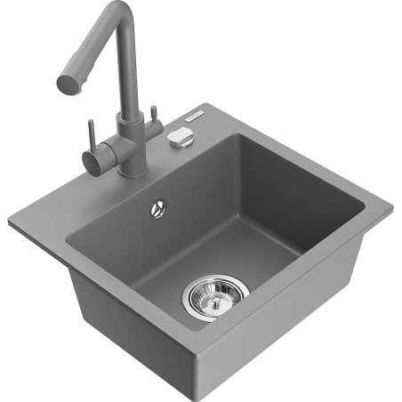 Mexen Milo granite kitchen sink 1-bowl with Duero kitchen faucet, gray - 6505-71-671600-71