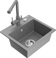 Mexen Milo granite kitchen sink 1-bowl with Duero kitchen faucet, gray - 6505-71-671600-71