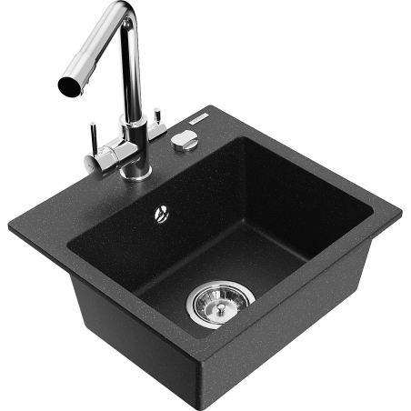 Mexen Milo granite sink 1-bowl with Duero kitchen faucet, black/silver metallic - 6505-73-671600-00
