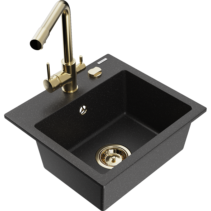 Mexen Milo 1-compartment granite sink with a kitchen mixer tap Duero, Black/Silver metallic - 6505-73-671600-50