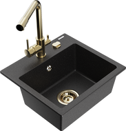 Mexen Milo granite kitchen sink 1-bowl with kitchen faucet Duero, black/silver metallic - 6505-73-671600-50
