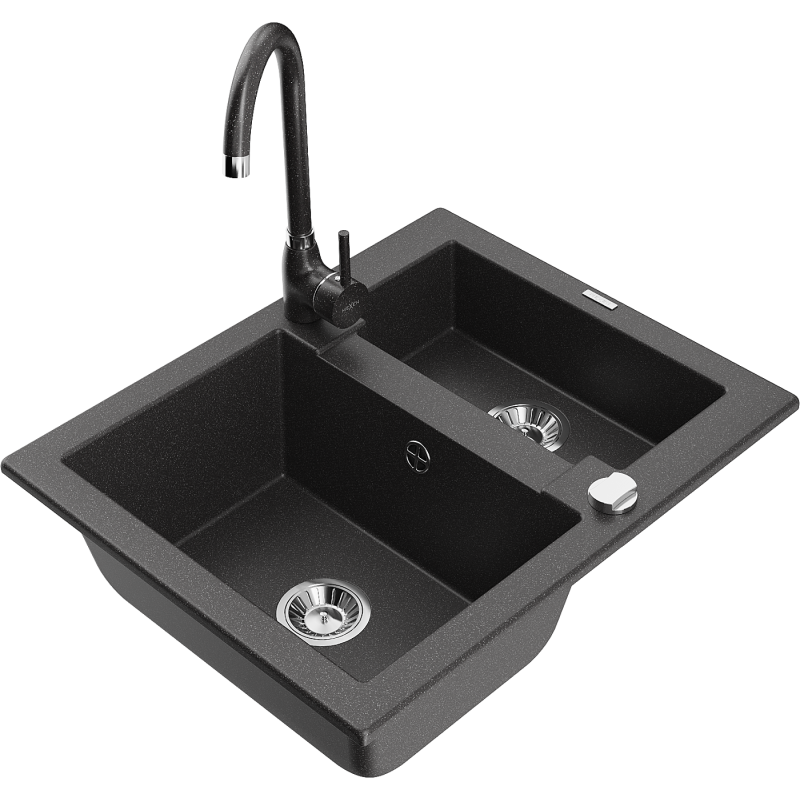 Mexen Carlos granite sink 1.5-bowl with Telma kitchen tap, black speckled - 6518-76-670200-76