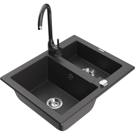 Mexen Carlos granite sink 1.5-bowl with Telma kitchen faucet, black speckled - 6518-76-670200-76