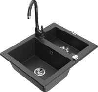 Mexen Carlos granite kitchen sink 1.5-bowl with Telma kitchen faucet, speckled black - 6518-76-670200-76