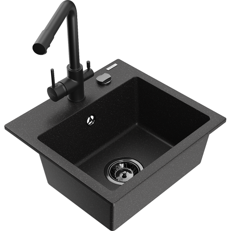 Mexen Milo 1-Bowl Granite Sink with Duero Kitchen Faucet, Black/Silver Metallic - 6505-73-671600-70-B