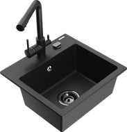 Mexen Milo granite sink 1-bowl with Duero kitchen tap, black/silver metallic - 6505-73-671600-70-B
