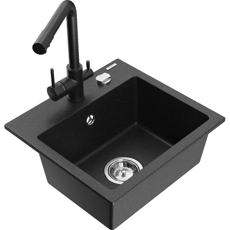 Mexen Milo 1-bowl granite sink with Duero kitchen faucet, black/silver metallic - 6505-73-671600-70