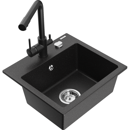 Mexen Milo granite sink with 1 bowl and Duero kitchen tap, black/silver metallic - 6505-73-671600-70
