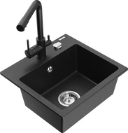 Mexen Milo granite sink with 1 bowl and Duero kitchen tap, black/silver metallic - 6505-73-671600-70