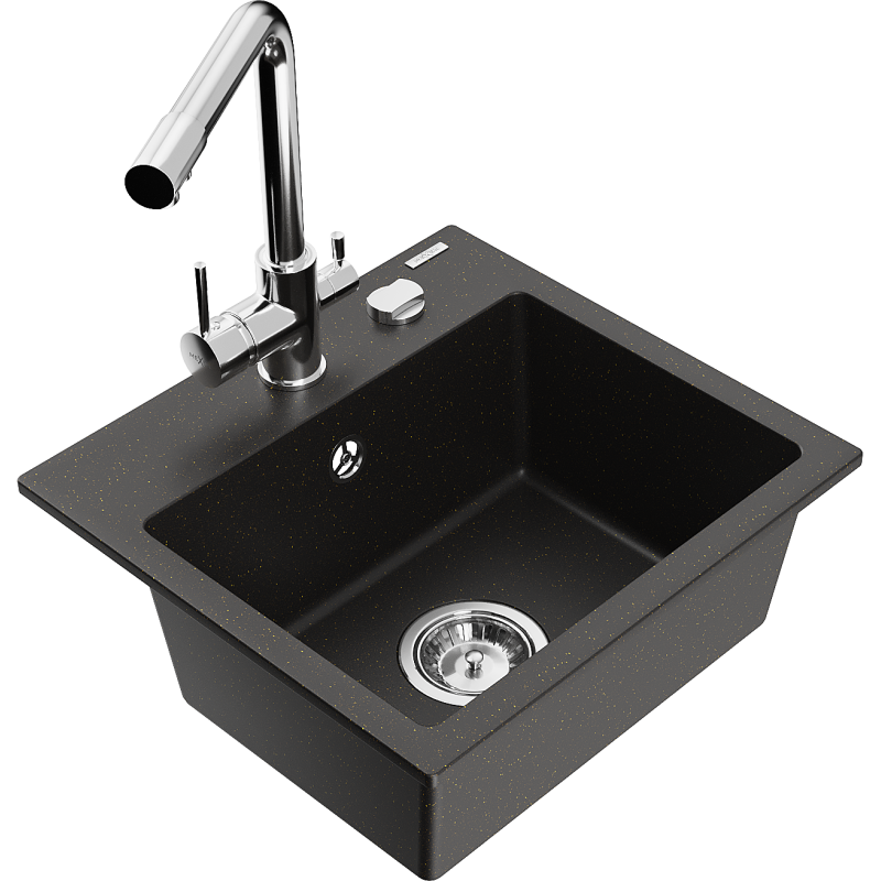 Mexen Milo 1-compartment granite sink with a kitchen mixer tap Duero, Black/Gold metallic - 6505-75-671600-00