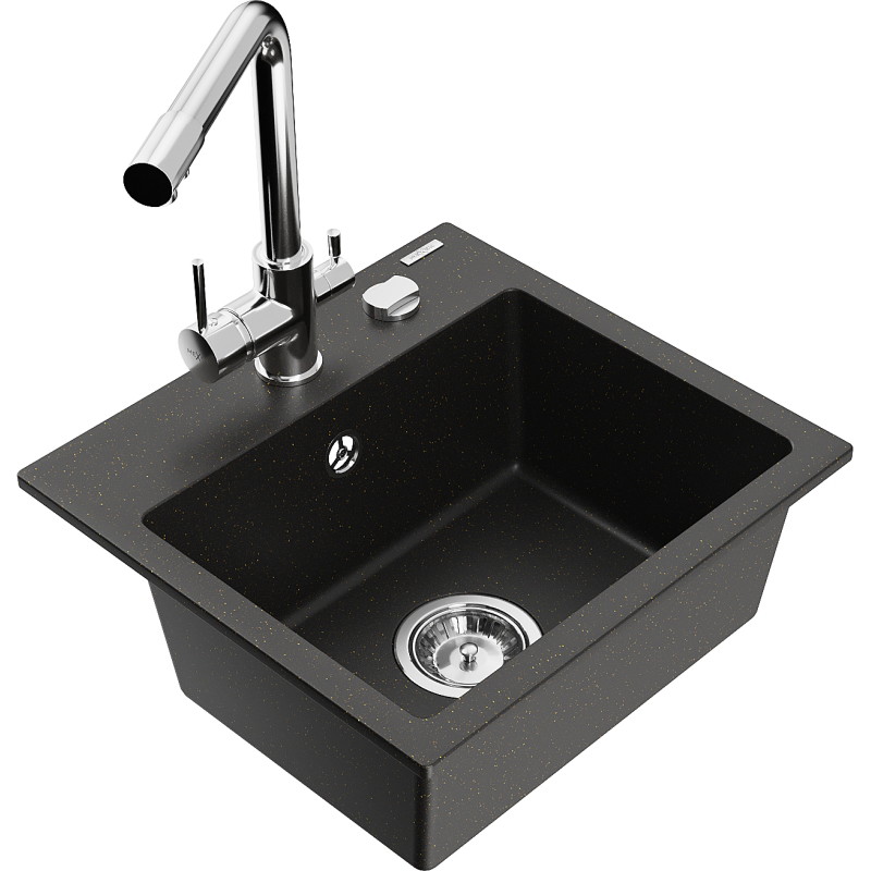 Mexen Milo granite kitchen sink single bowl with Duero kitchen faucet, black/gold metallic - 6505-75-671600-00