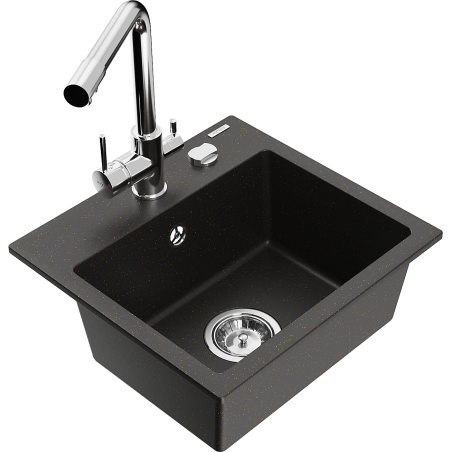 Mexen Milo granite kitchen sink single bowl with Duero kitchen faucet, black/gold metallic - 6505-75-671600-00