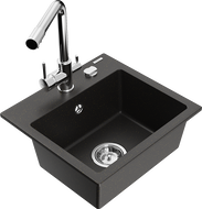 Mexen Milo granite kitchen sink single bowl with Duero kitchen faucet, black/gold metallic - 6505-75-671600-00