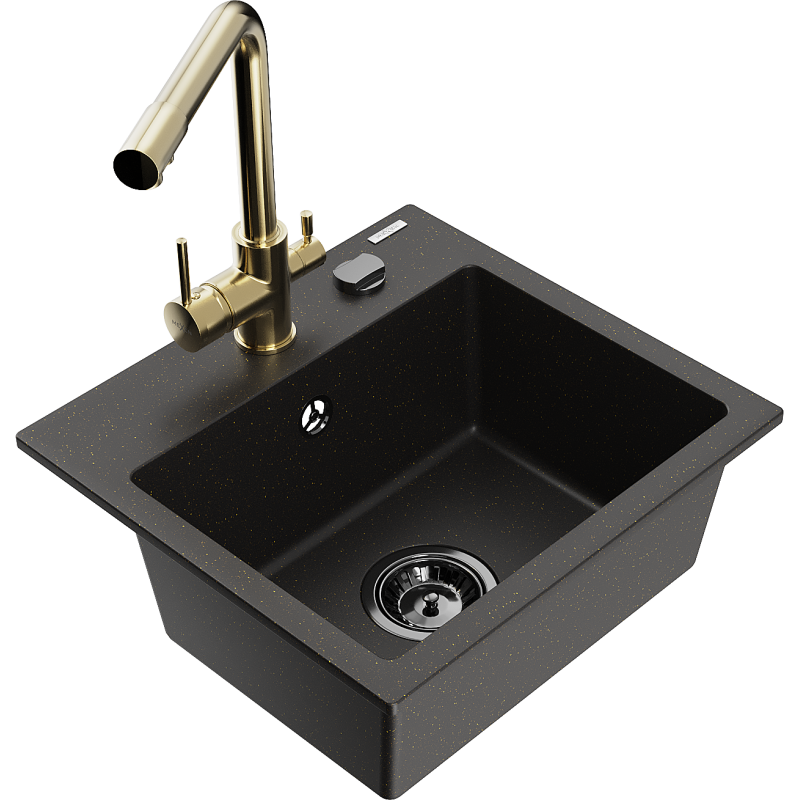 Mexen Milo 1-bowl granite sink with Duero kitchen tap, black/gold metallic - 6505-75-671600-50-B