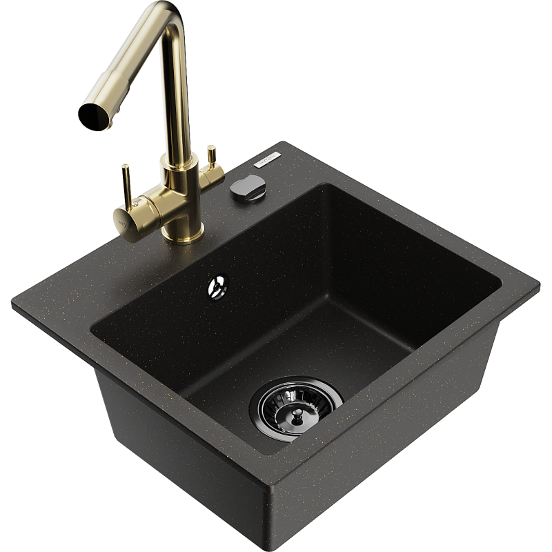 Mexen Milo 1-compartment granite sink with a kitchen mixer tap Duero, Black/Gold metallic - 6505-75-671600-50-B