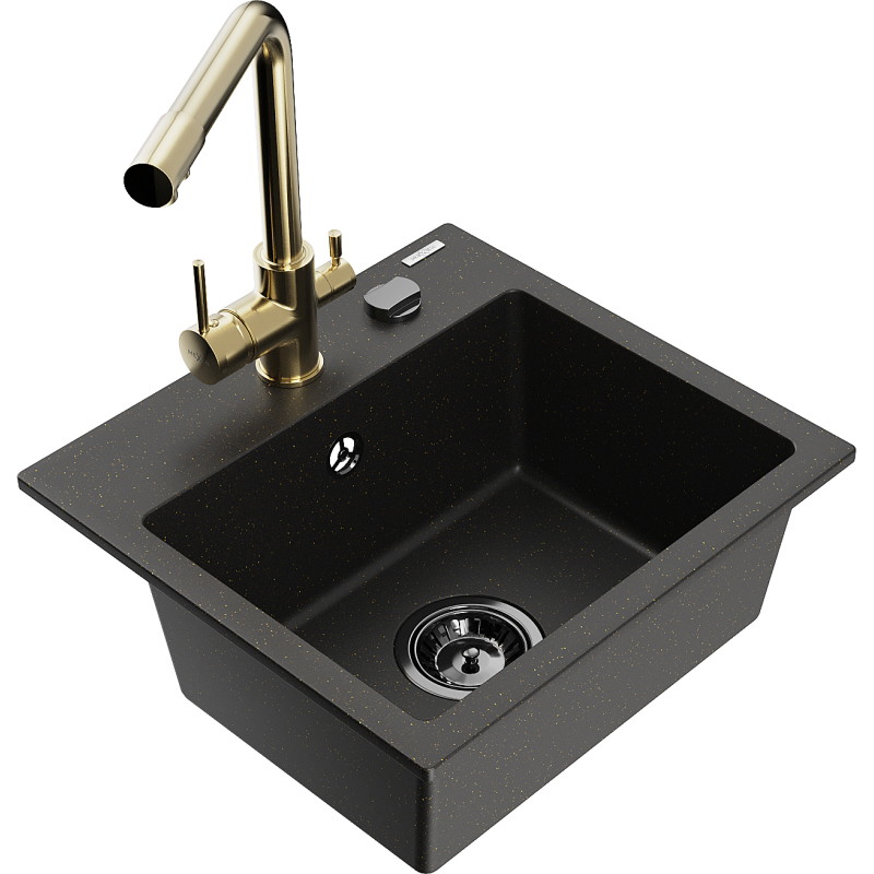 Mexen Milo granite kitchen sink 1-bowl with Duero kitchen faucet, black/golden metallic - 6505-75-671600-50-B