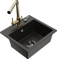 Mexen Milo granite kitchen sink 1-bowl with Duero kitchen faucet, black/golden metallic - 6505-75-671600-50-B