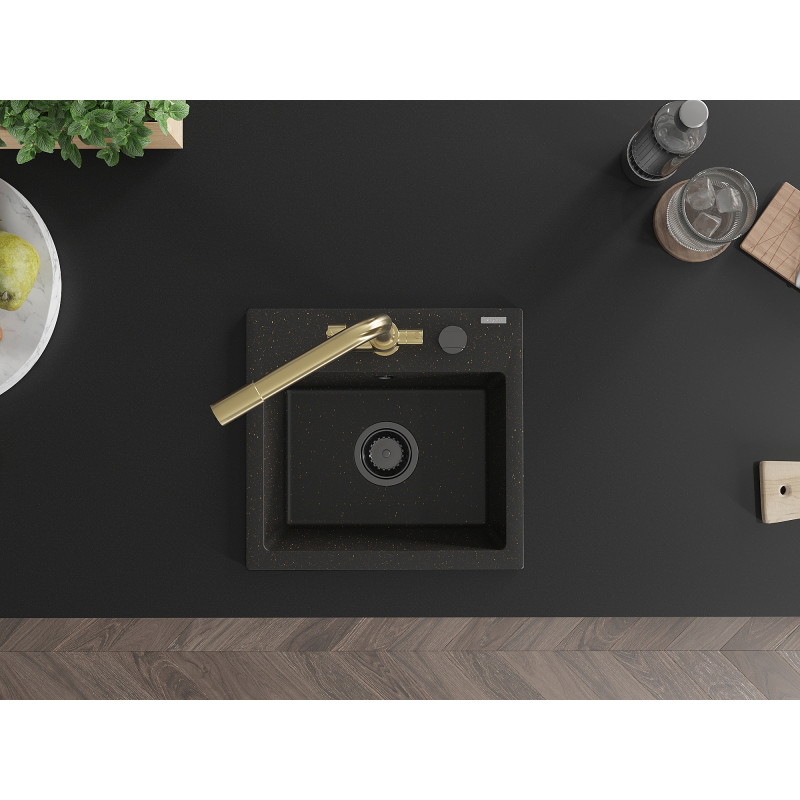 Mexen Milo 1-bowl granite sink with Duero kitchen faucet, black/gold metallic - 6505-75-671600-50-B