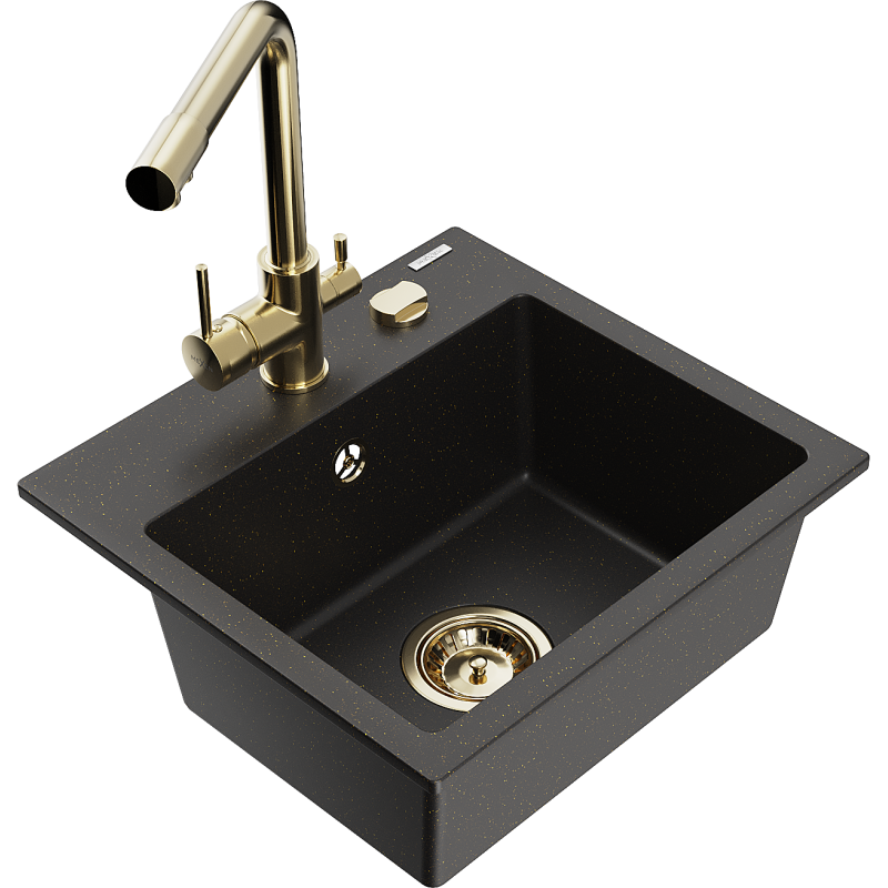 Mexen Milo 1-bowl granite kitchen sink with Duero tap, black/gold metallic - 6505-75-671600-50