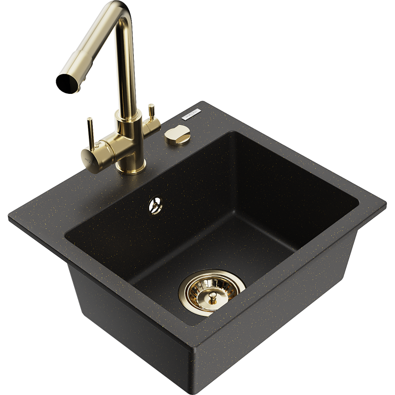Mexen Milo 1-compartment granite sink with a kitchen mixer tap Duero, Black/Gold metallic - 6505-75-671600-50