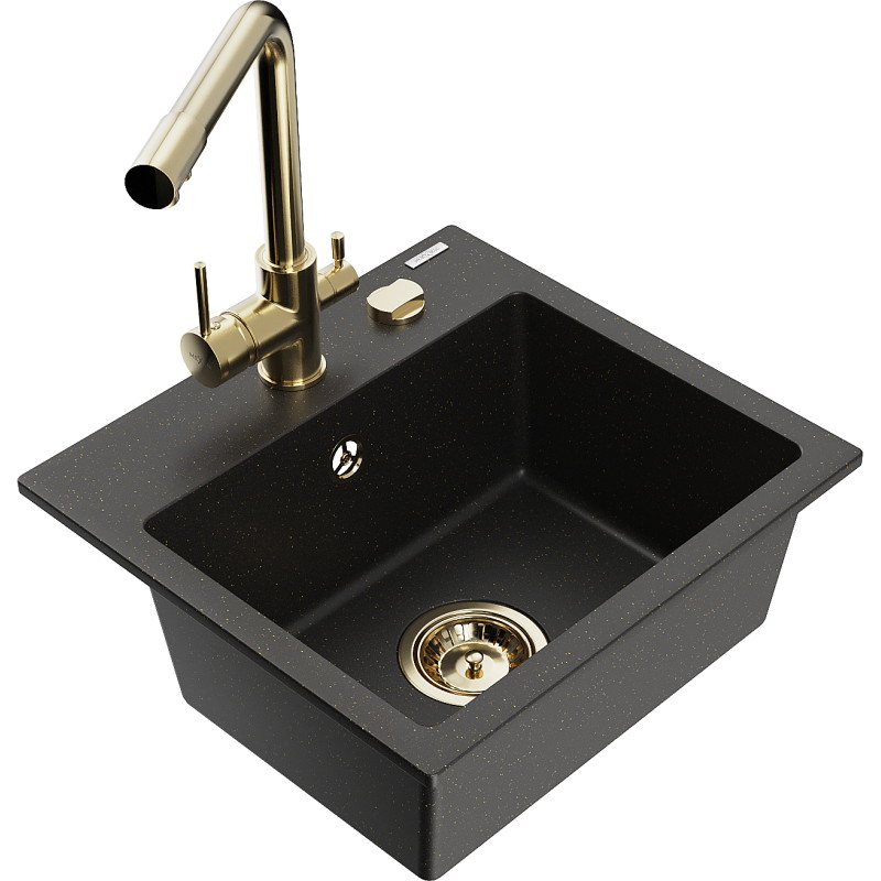 Mexen Milo granite kitchen sink 1-bowl with Duero kitchen faucet, black/gold metallic - 6505-75-671600-50