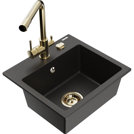 Mexen Milo granite sink single bowl with Duero kitchen faucet, black/gold metallic - 6505-75-671600-50