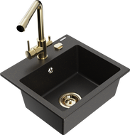 Mexen Milo 1-bowl granite kitchen sink with Duero tap, black/gold metallic - 6505-75-671600-50