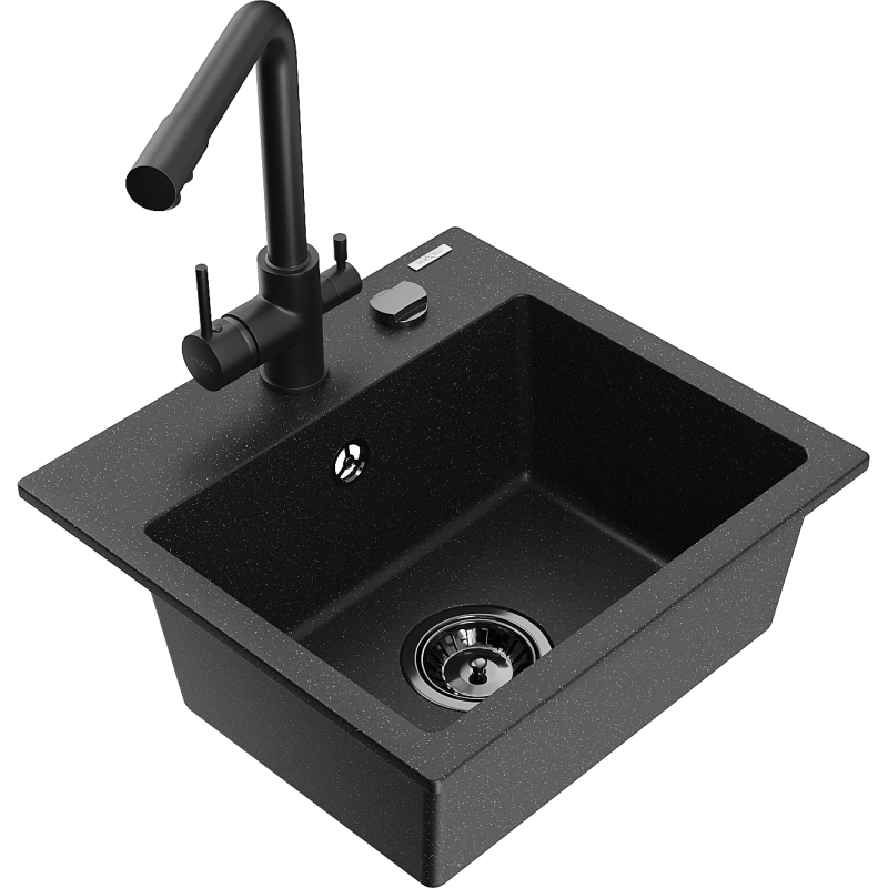 Mexen Milo 1-Bowl Granite Sink with Duero Kitchen Mixer Tap, Black/Gold Metallic - 6505-75-671600-70-B