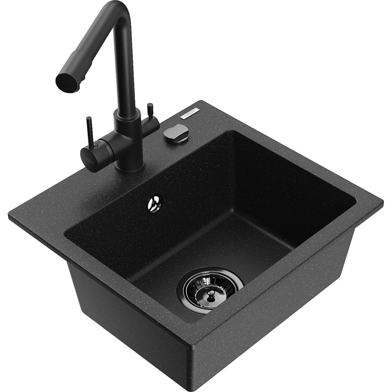 Mexen Milo granite kitchen sink 1-bowl with Duero faucet, black/gold metallic - 6505-75-671600-70-B