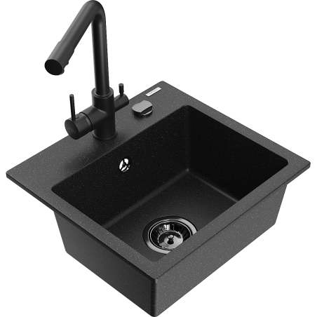 Mexen Milo granite kitchen sink 1-bowl with Duero faucet, black/gold metallic - 6505-75-671600-70-B