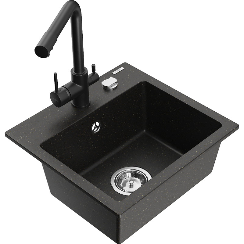 Mexen Milo 1-bowl granite sink with Duero kitchen faucet, black/gold metallic - 6505-75-671600-70