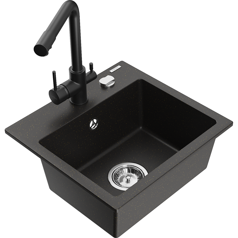 Mexen Milo 1-compartment granite sink with a kitchen mixer tap Duero, Black/Gold metallic - 6505-75-671600-70