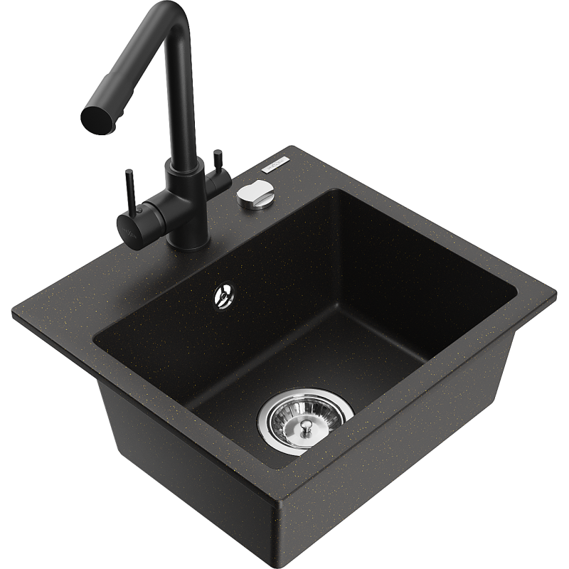 Mexen Milo granite sink 1-bowl with Duero kitchen tap, black/gold metallic - 6505-75-671600-70