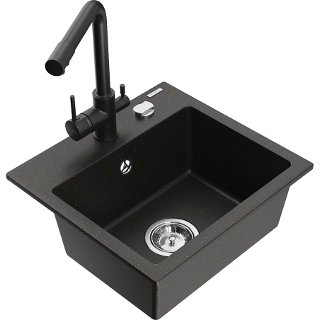 Mexen Milo granite sink 1-bowl with Duero kitchen faucet, black/gold metallic - 6505-75-671600-70