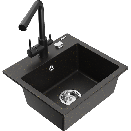 Mexen Milo granite sink 1-bowl with Duero kitchen tap, black/gold metallic - 6505-75-671600-70