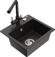 Mexen Milo 1-bowl granite sink with Duero kitchen faucet, black/gold metallic - 6505-75-671600-70
