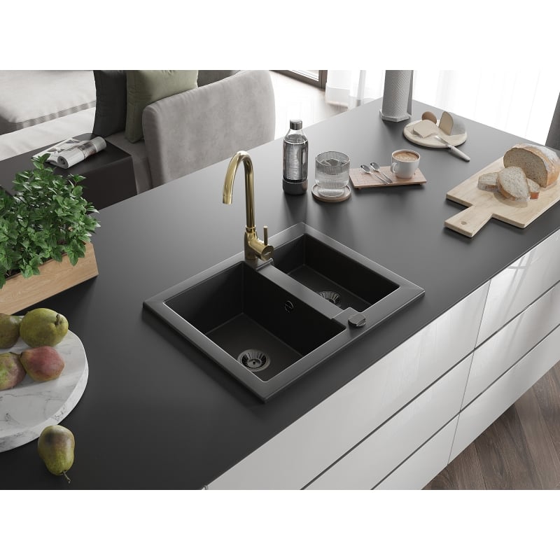 Mexen Carlos 1.5-bowl granite kitchen sink with Telma kitchen faucet, black - 6518-77-670200-50-B