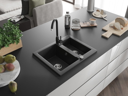 Mexen Carlos granite sink 1.5-bowl with Telma kitchen faucet, black - 6518-77-670200-70