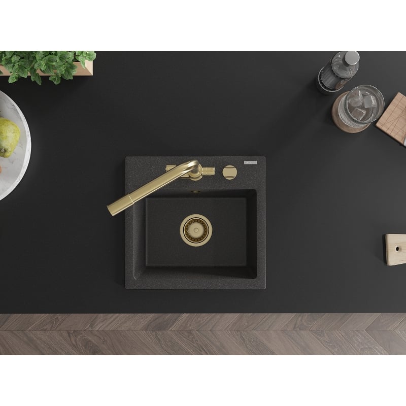 Mexen Milo 1-bowl granite sink with Duero kitchen faucet, black speckled - 6505-76-671600-50