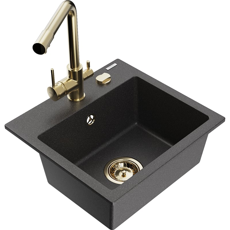 Mexen Milo 1-bowl granite sink with Duero kitchen faucet, black speckled - 6505-76-671600-50